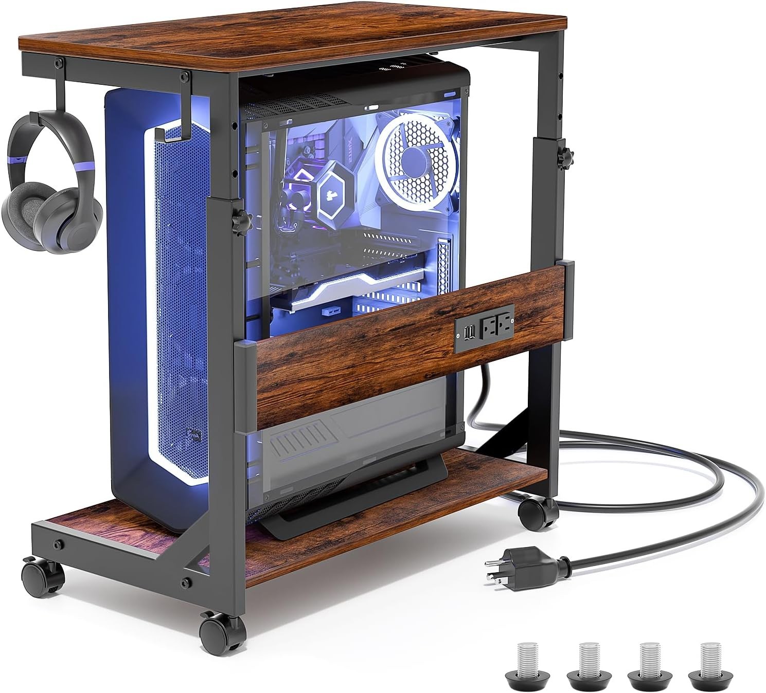 Height Adjustable Computer Tower Stand with Charge Station and USB Charging Port