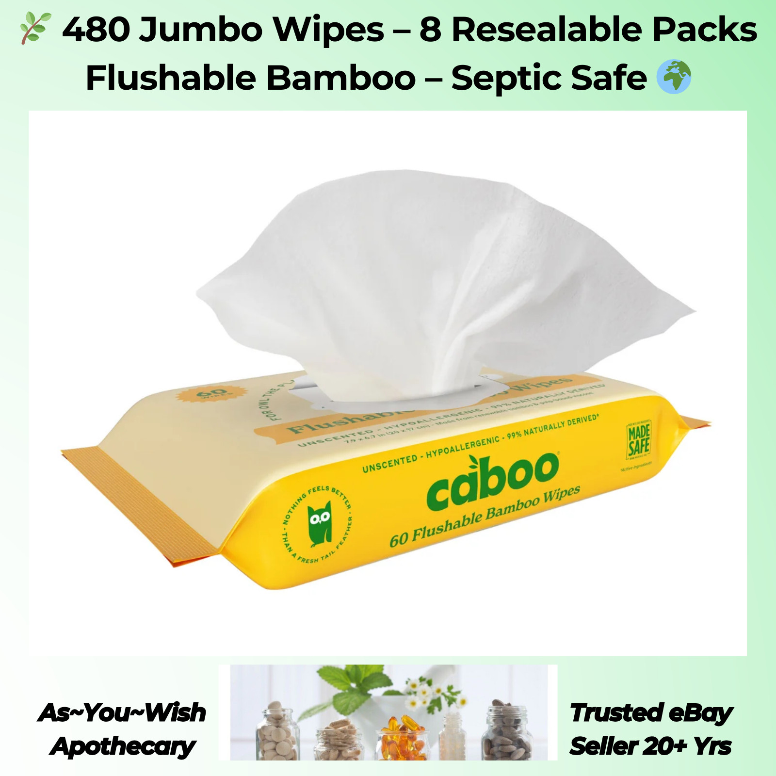 Caboo Flushable Wipes 480ct Bamboo Unscented Jumbo Septic Safe Biodegradable