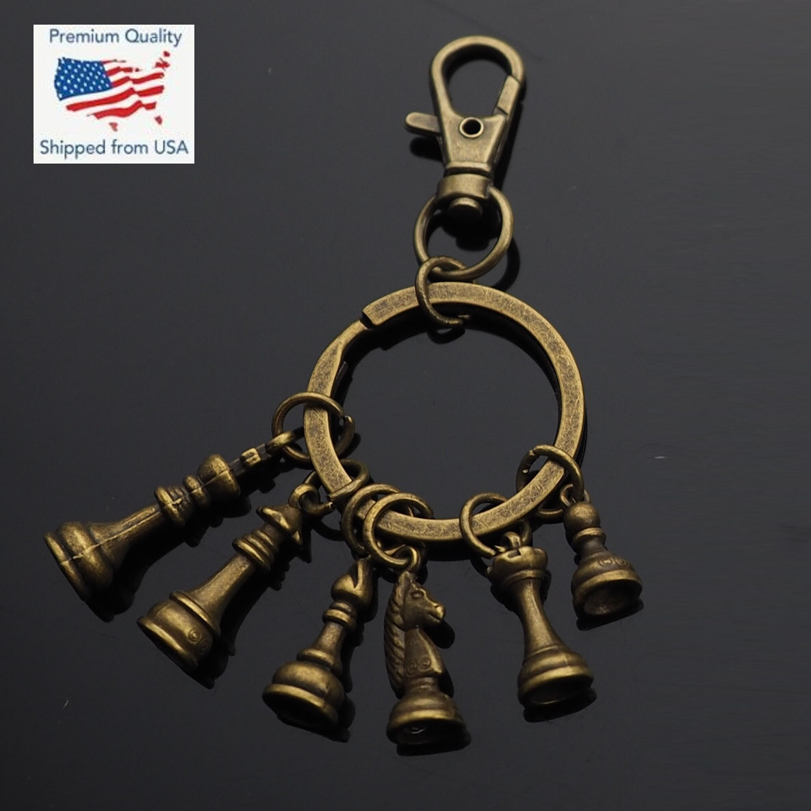 Chess Pieces King Queen Rook Knight Bishop Pawn Charms Keychain Key Ring Bronze