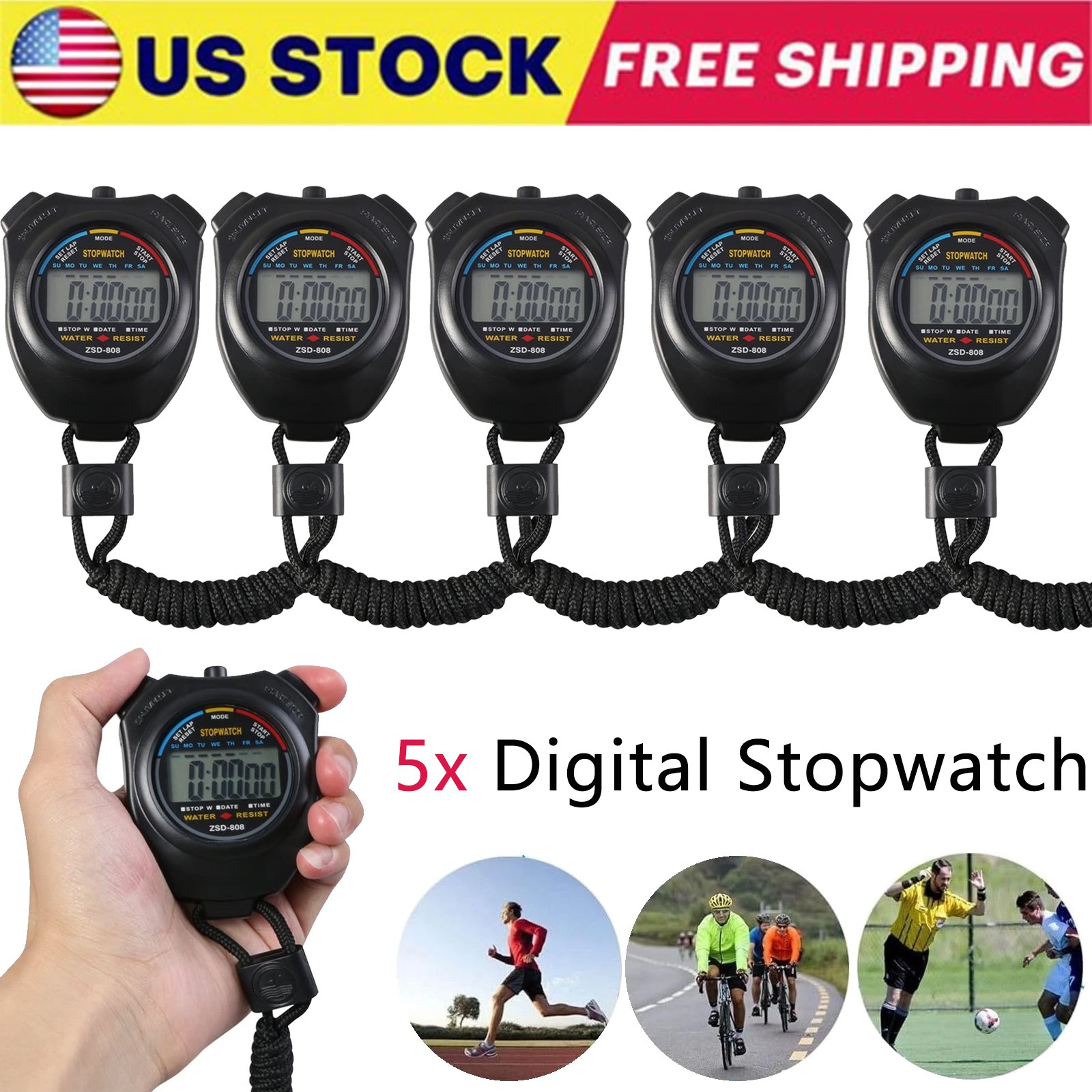 New Digital Stopwatch Handheld Sports Stop Watch Timer Alarm Counter Set of 5pcs