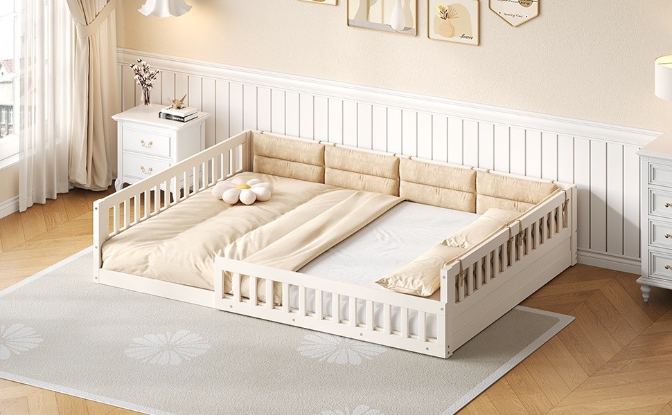 Full Size Upholstered Platform Bed with Guardrail & Pillow, Beige