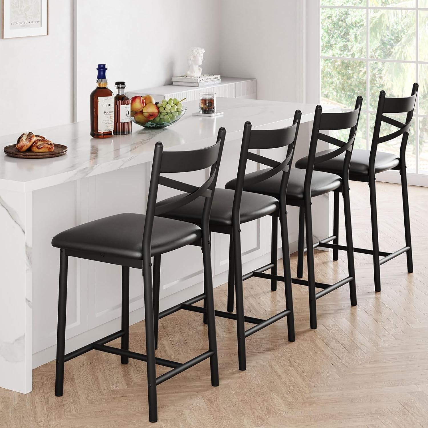 26 Inch Bar Stools Set of 4 Counter Height Bar Chairs W/ Back & Thick Cushion