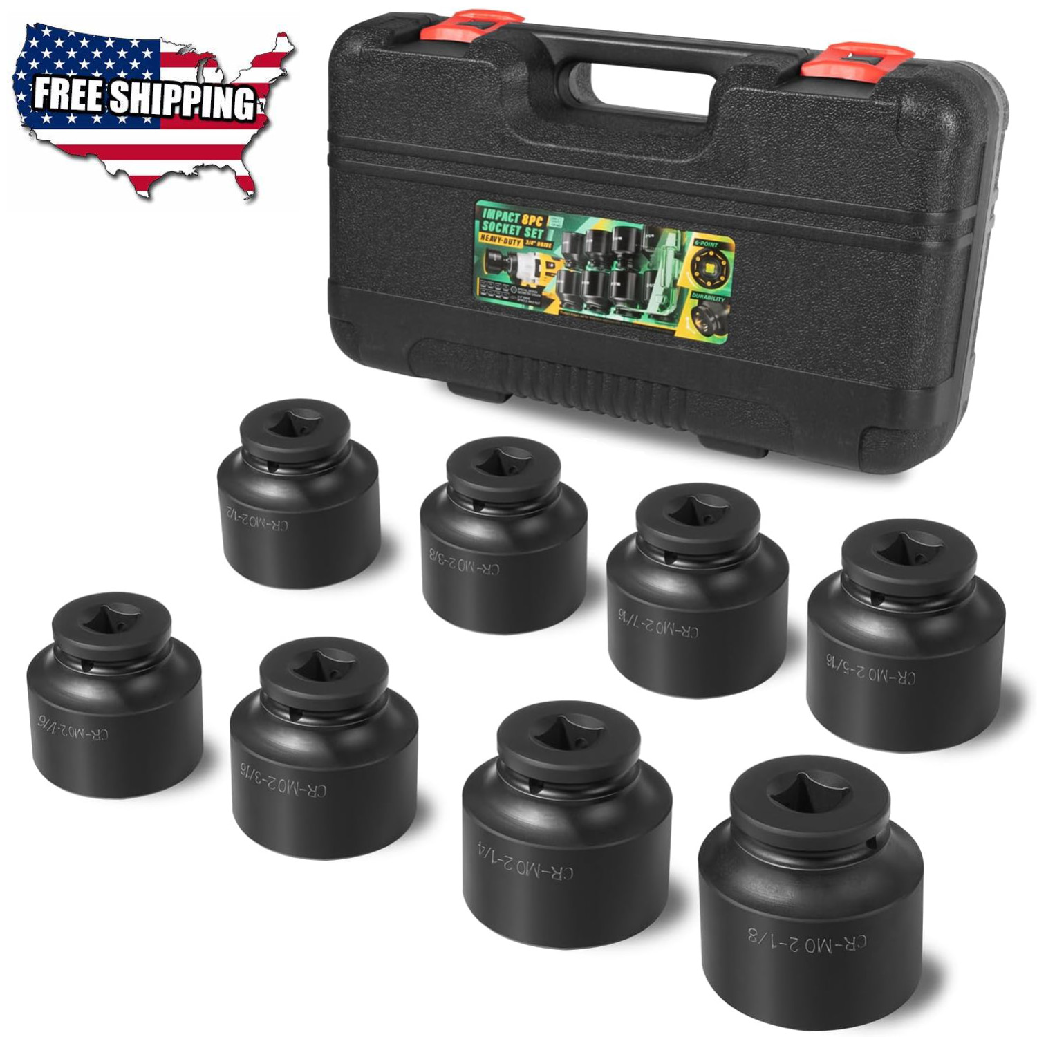 8PCS Spindle Axle Nut Impact Socket Set, 3/4'' Drive, 2-1/16" to 2-1/2" Sizes
