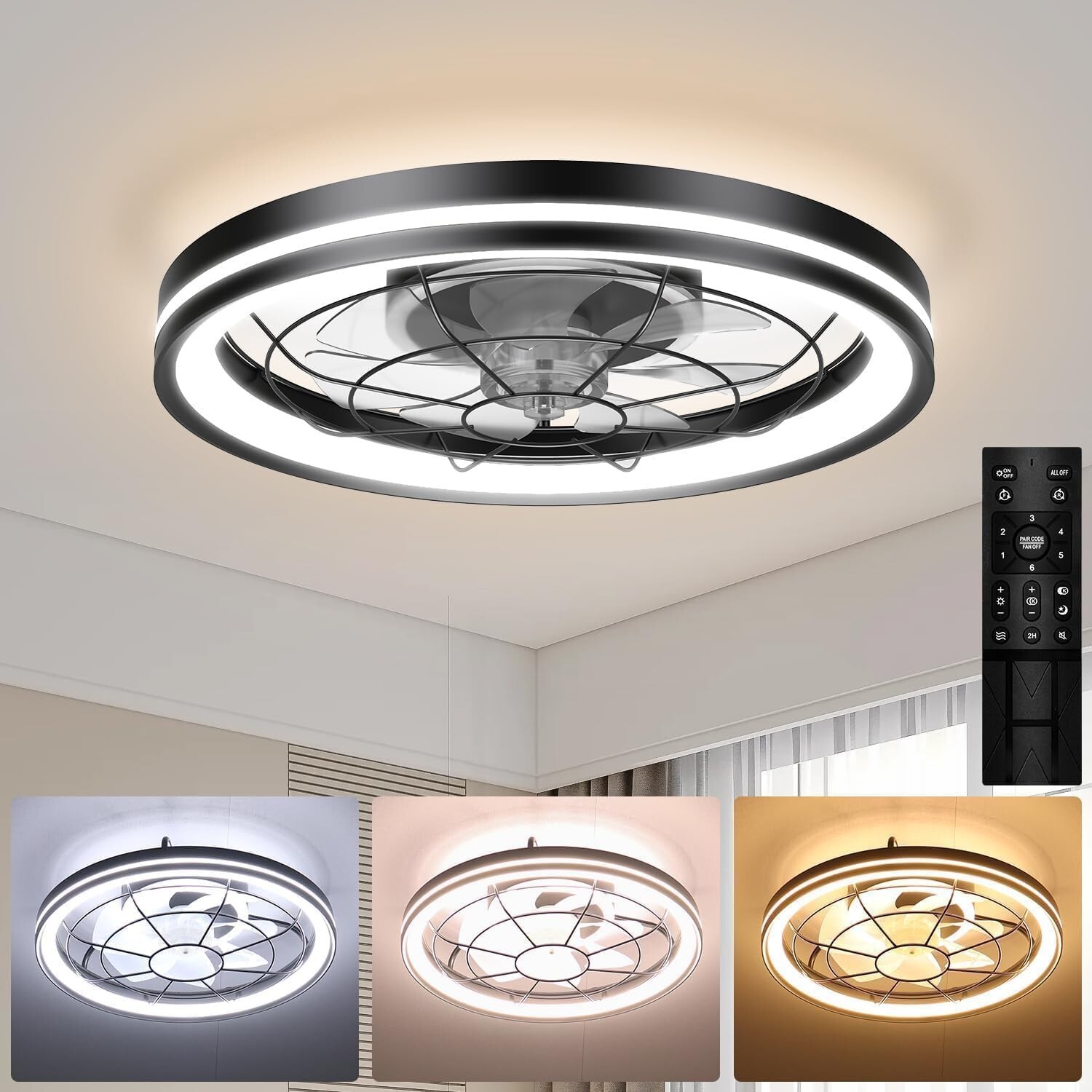 20" Modern LED Ceiling Fan Lights Flush Mount Light kit With APP Remote Control
