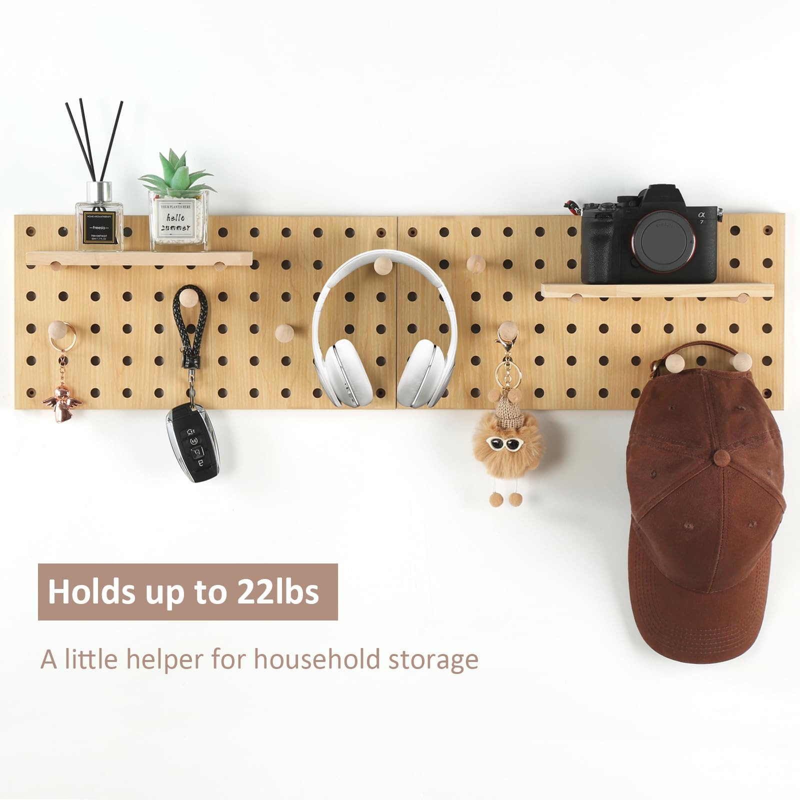 2 Pack Beige Wooden Pegboard Modular Wall Organizer Includes Hooks & Shelf