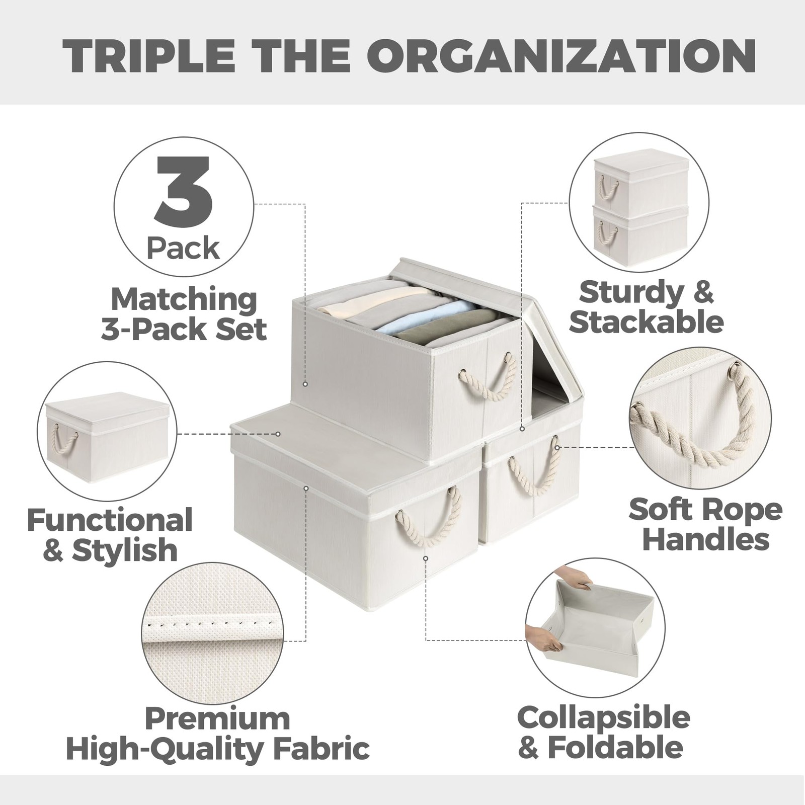 Set of 3 Fabric Bins for Organization - Foldable & Stackable With Lid & Ivory