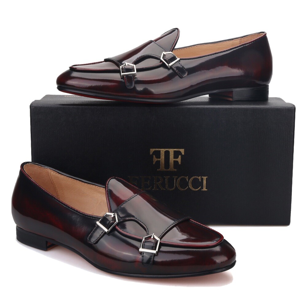 FERUCCI Brown Leather Double Monk  Loafer  Slippers Flat Prom Wedding