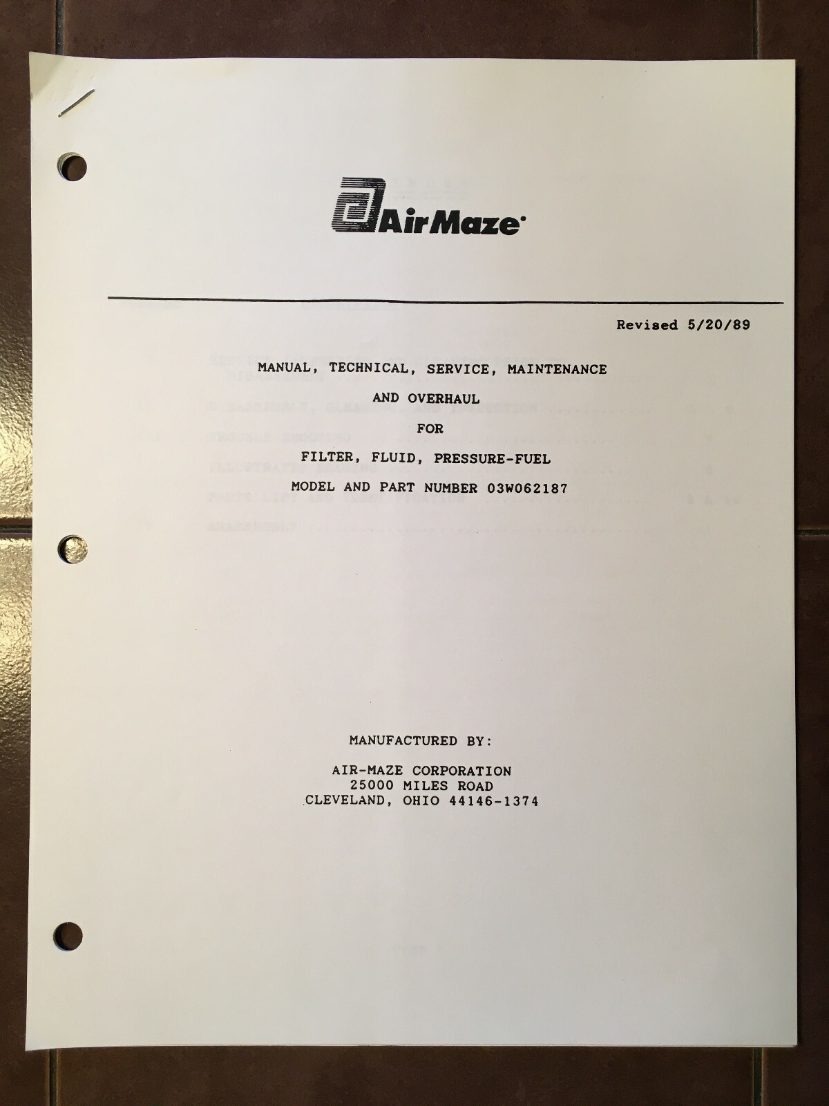 AirMaze Filter O3W062187 Service & Overhaul Manual