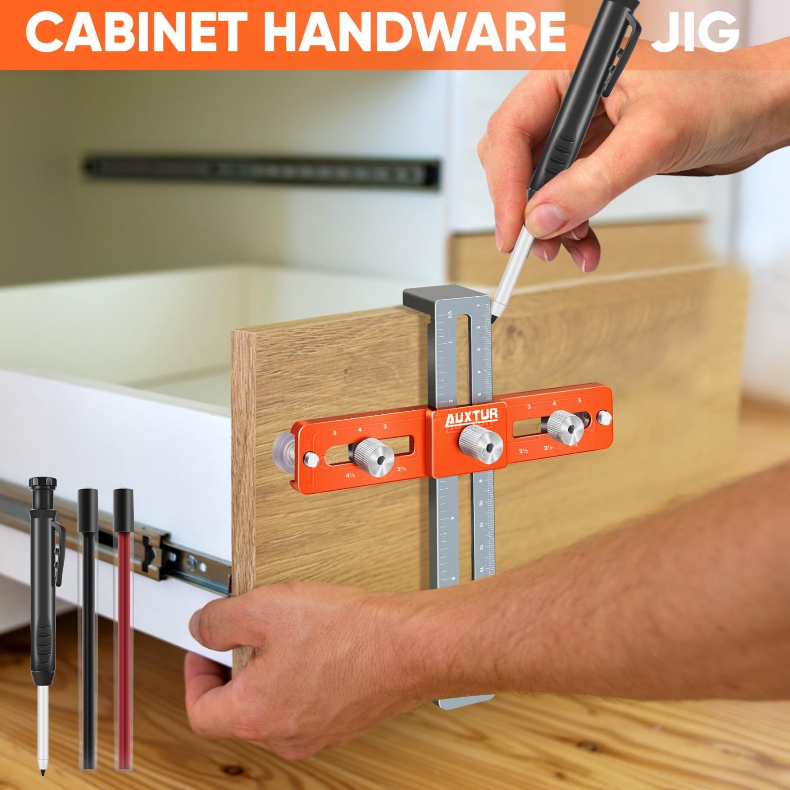 Adjustable Cabinet Hardware Jig Tool with Deep Hole Pencil & Alignment Guide - D