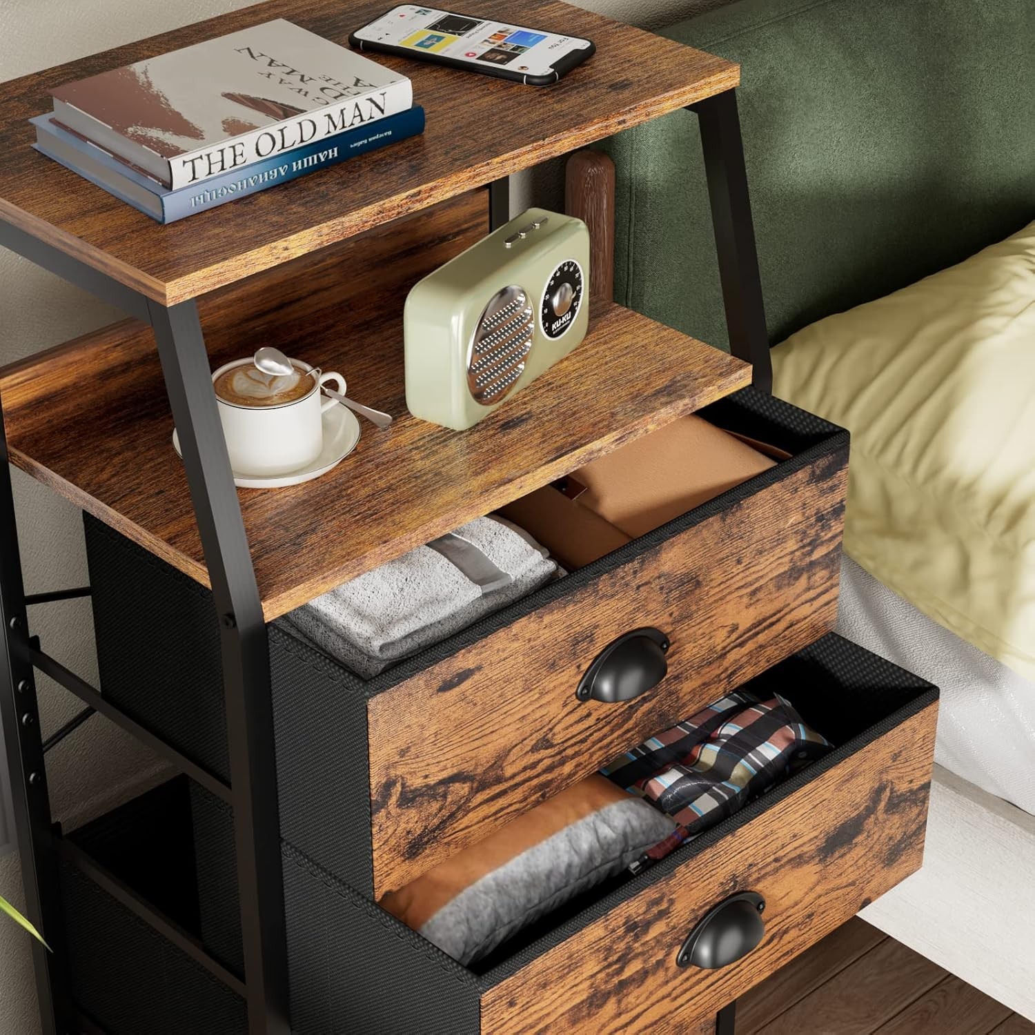Nightstand with 3 Drawers and 2-Tier Shelf, Fabric Small Dresser Organizer Verti