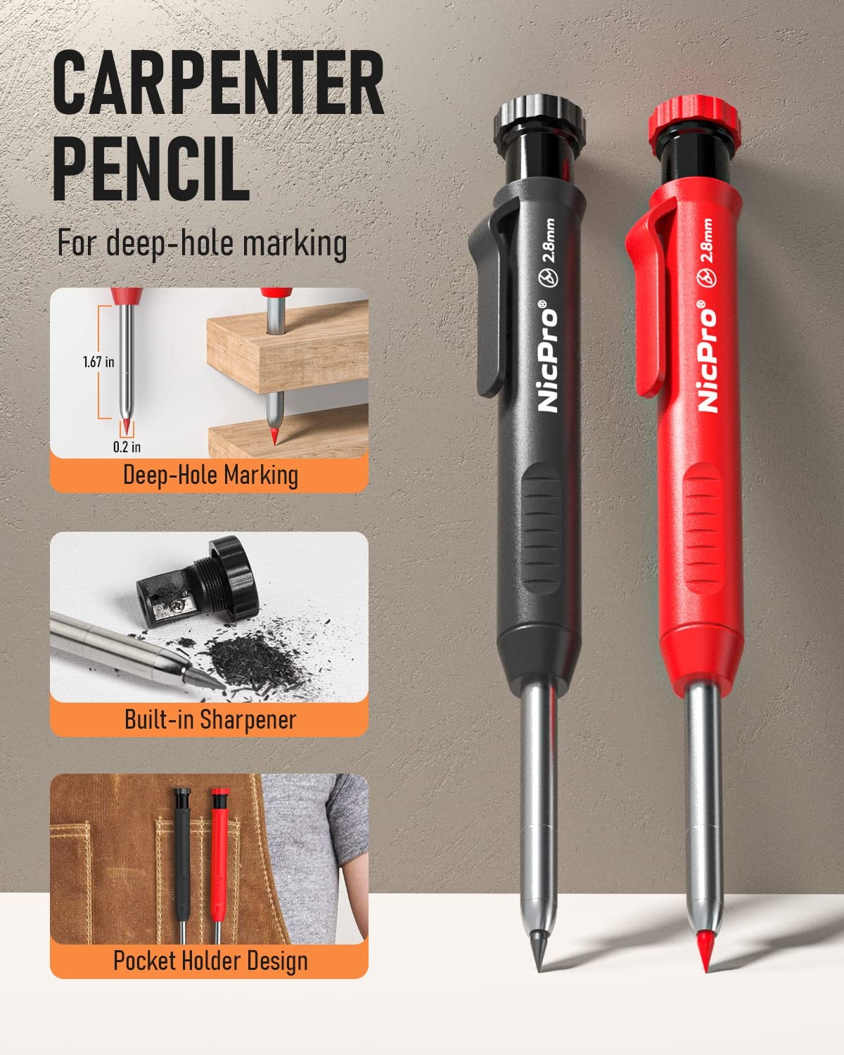 Nicpro MG396 Carpenter Pencil Set with Sharpener 26 Refill
