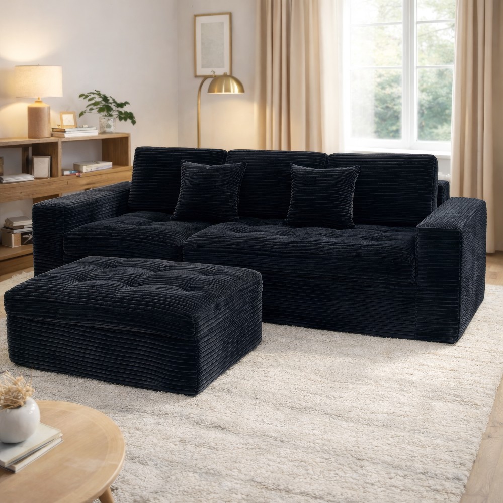 Modular Cloud Sectional Sofa 105" w/ Ottoman, All-Foam, Faux Fur, Black