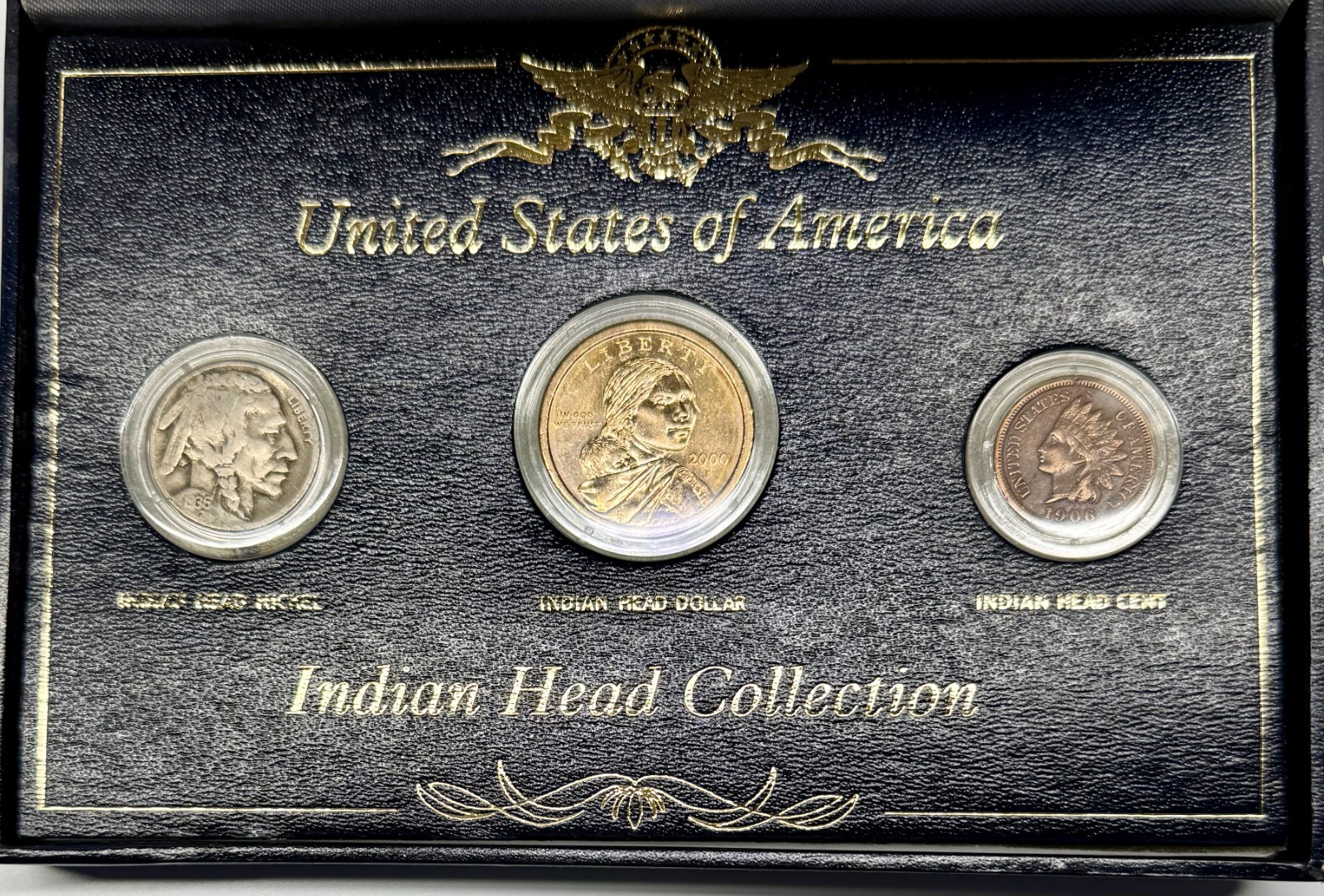 UNITED STATES OF AMERICA 3-Coin INDIAN HEAD COLLECTION Blue Display Box 1c 5c $1