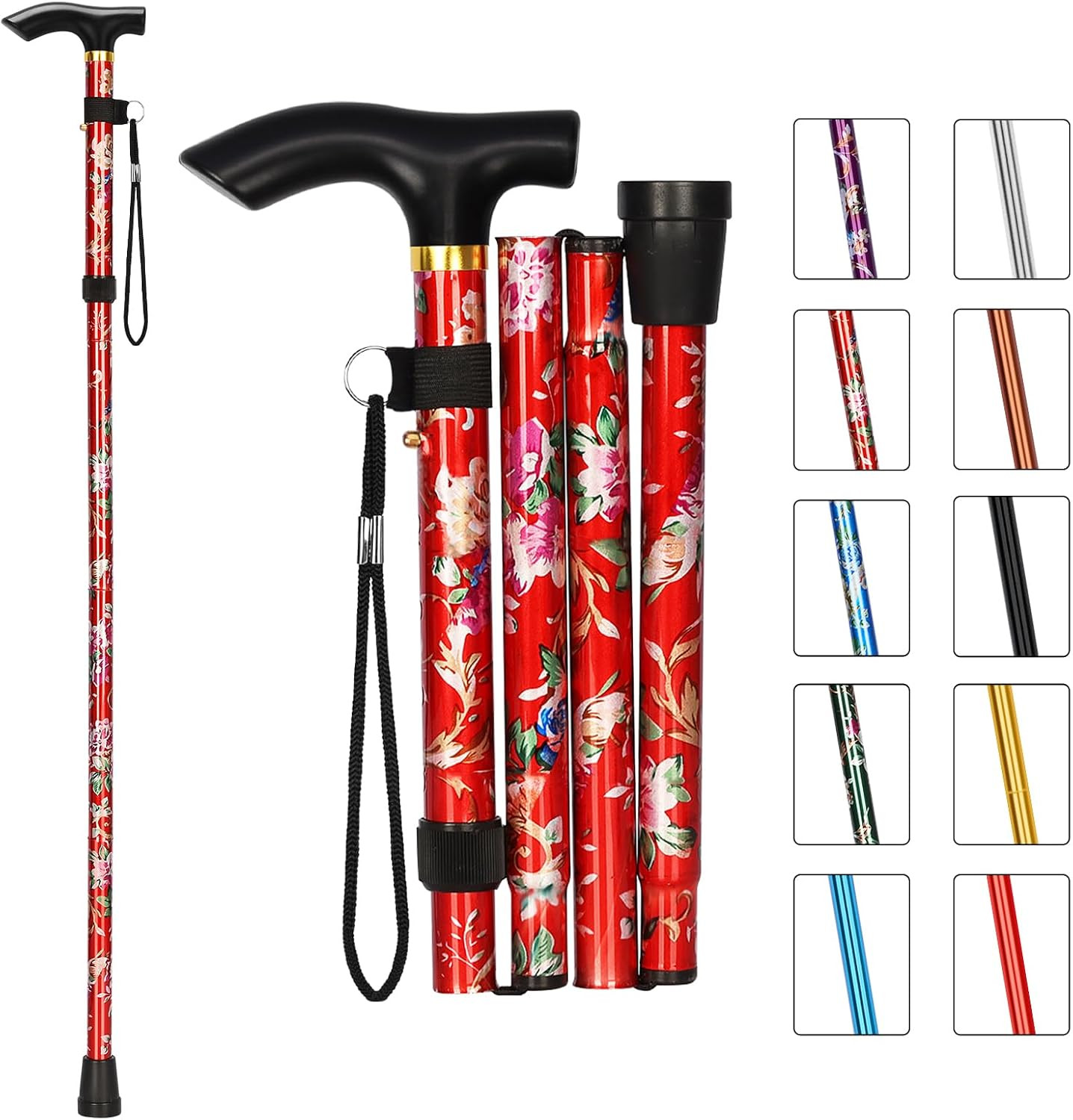 Folding Cane, Portable 5-Level Adjustable Height Walking Stick with Foldable ...