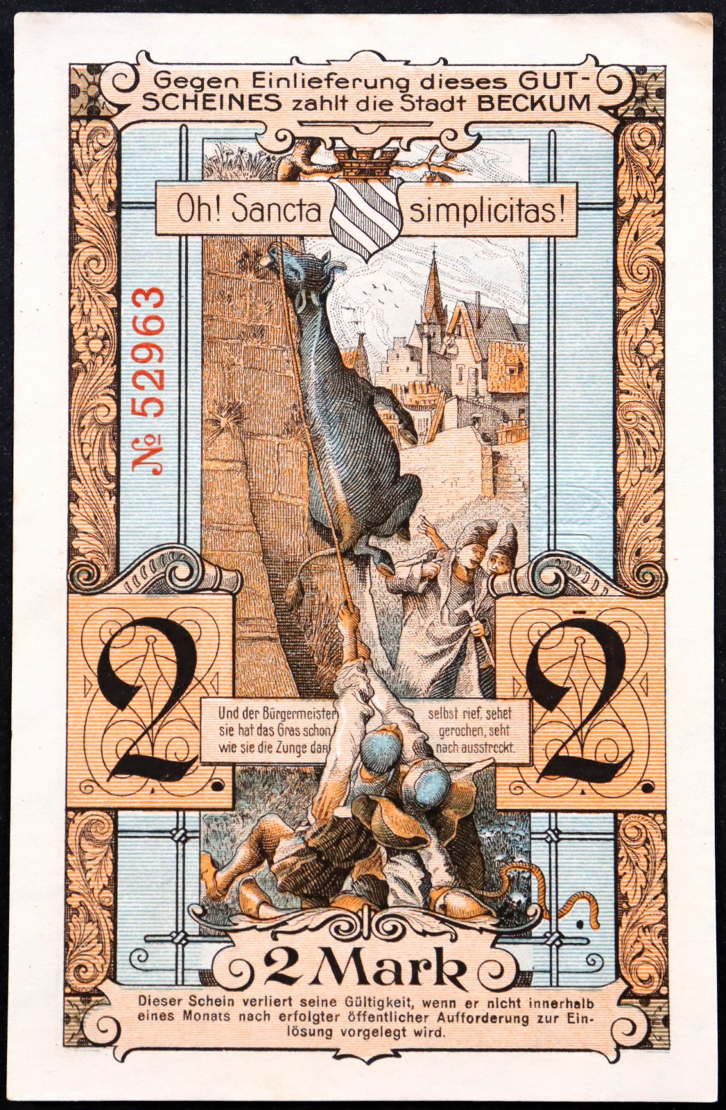 BECKUM 1918 "Cow Leaping for Grass" Large 2 Mark Grossnotgeld Germany
