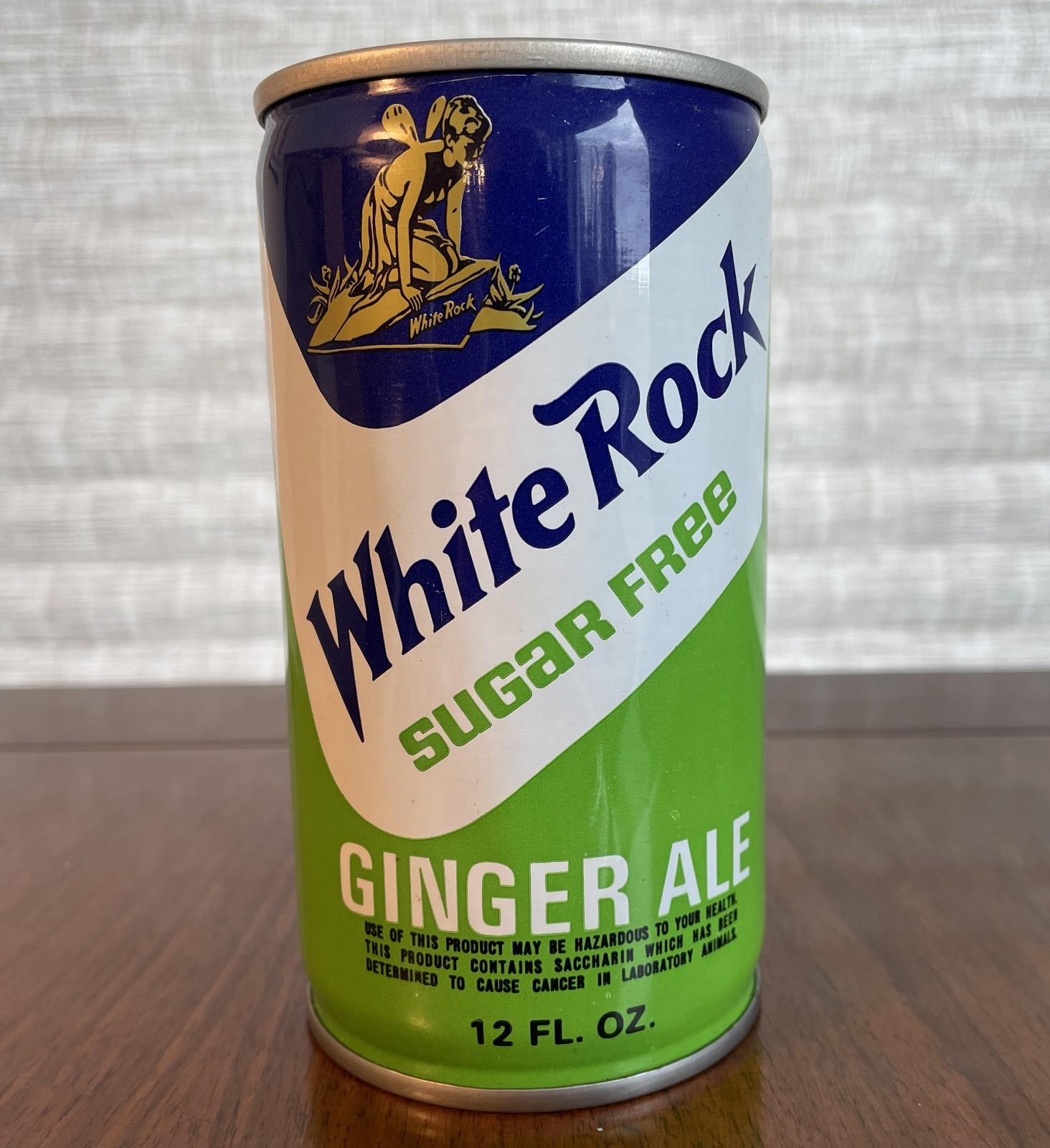 White Rock 12 oz. Ginger Ale can, Sugar Free 1970's Steel, Pull tab Soda Psyche