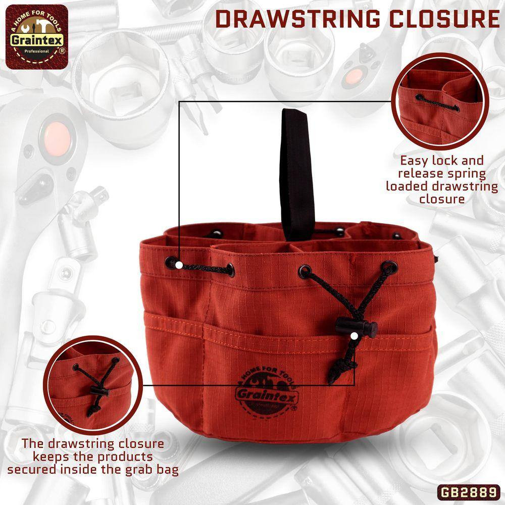 10 In. 18-Pockets Grab Tool Bag with Drawstring Closure in Rust Canvas
