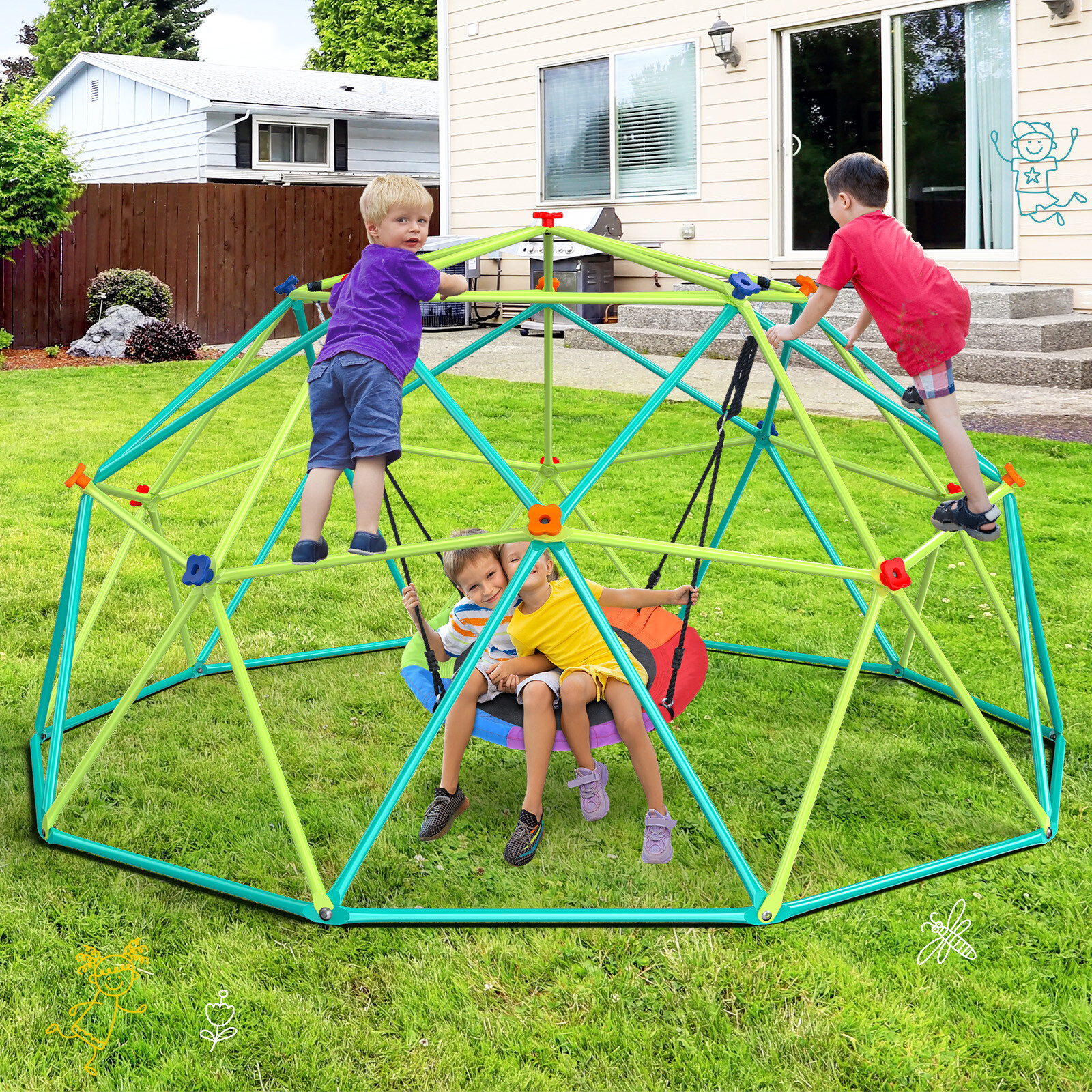 Hapfan 10ft Climbing Dome with Saucer Swing Jungle Gym for Kids Outdoor Backyard
