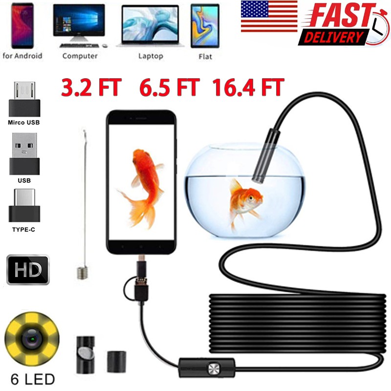 6LED USB Snake Endoscope Borescope HD Inspection Camera Scope For Android Type C