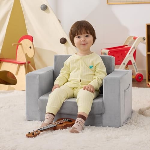 Kids Couch, 2-in-1 Toddler Chair Comfy 1-3 Years Old, Standard Grey
