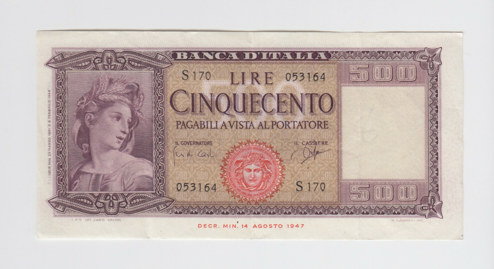 ITALY P.80b-3164  500 LIRE 1961 S170  VERY FINE  LOW SHIPPING  WE COMBINE   2111