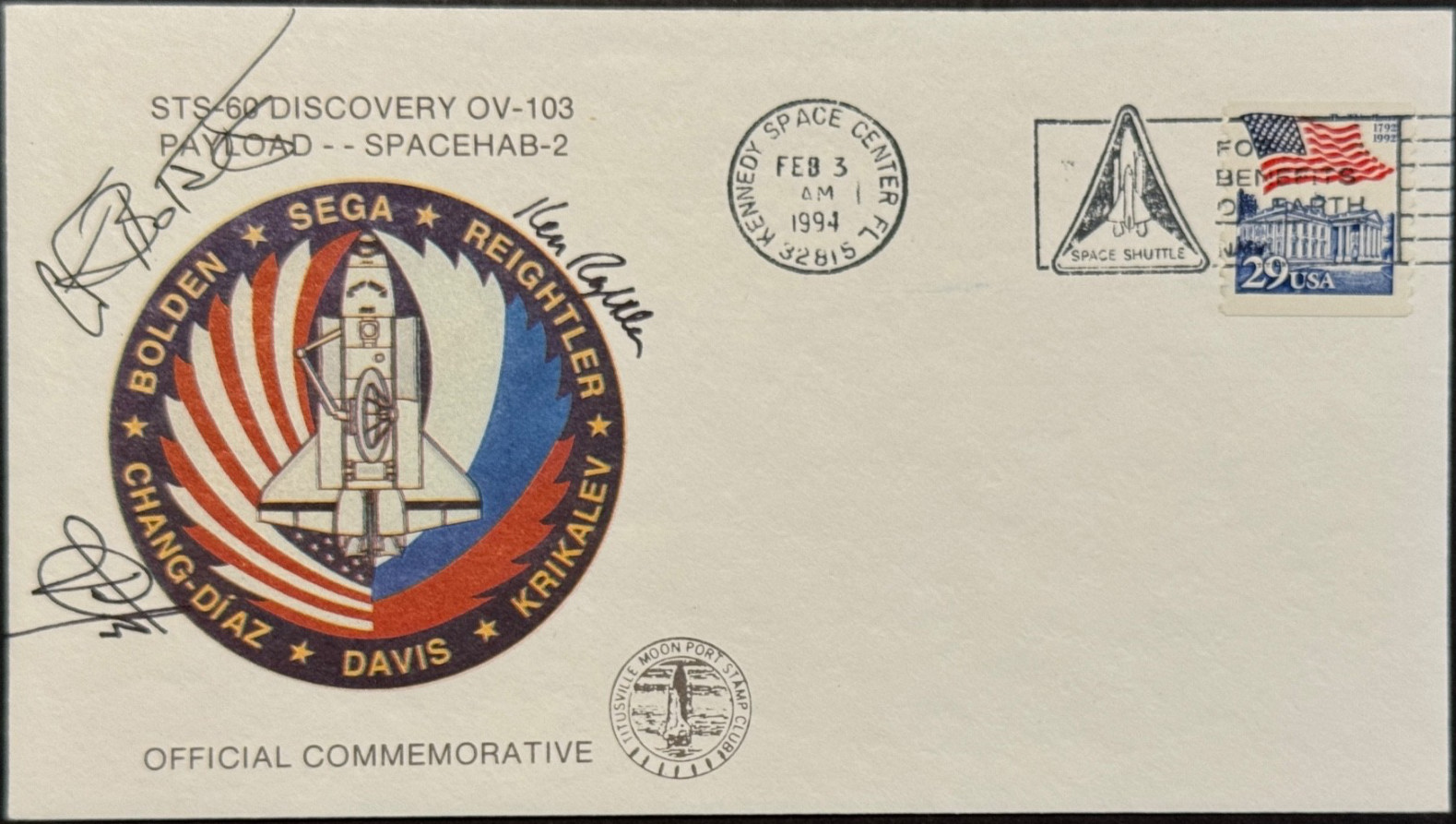STS-60 #2 Autographed Crew Patch Cover ,(3) Bolden, Reightler , Chang-Diaz