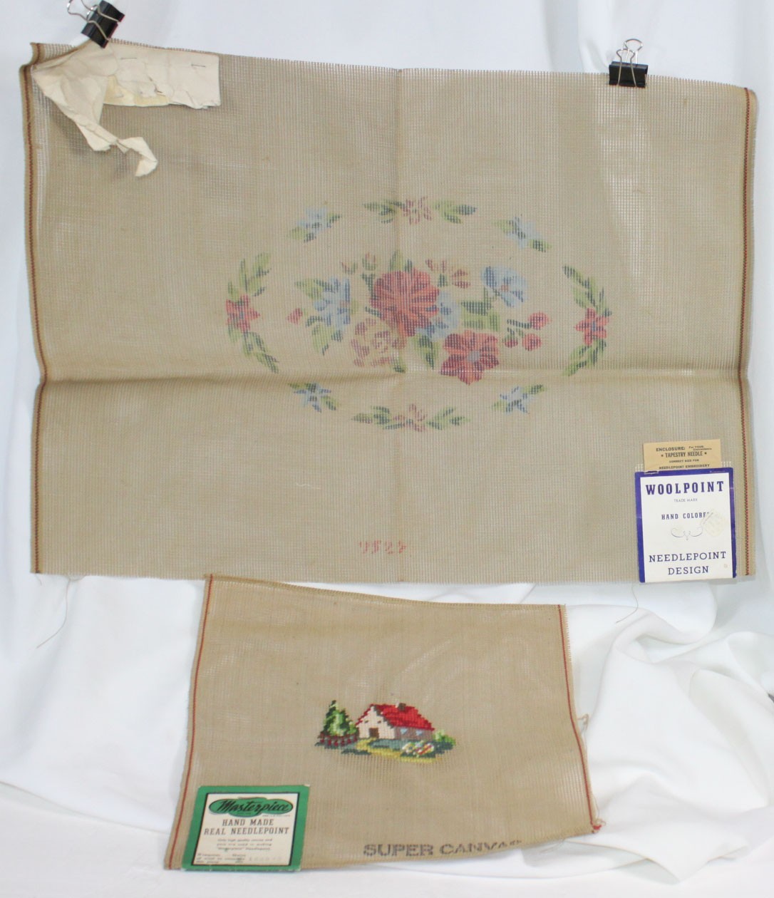 2 Vtg Woolpoint Needlepoint Design Pattern Masterpiece Picture Lot Flower Canvas
