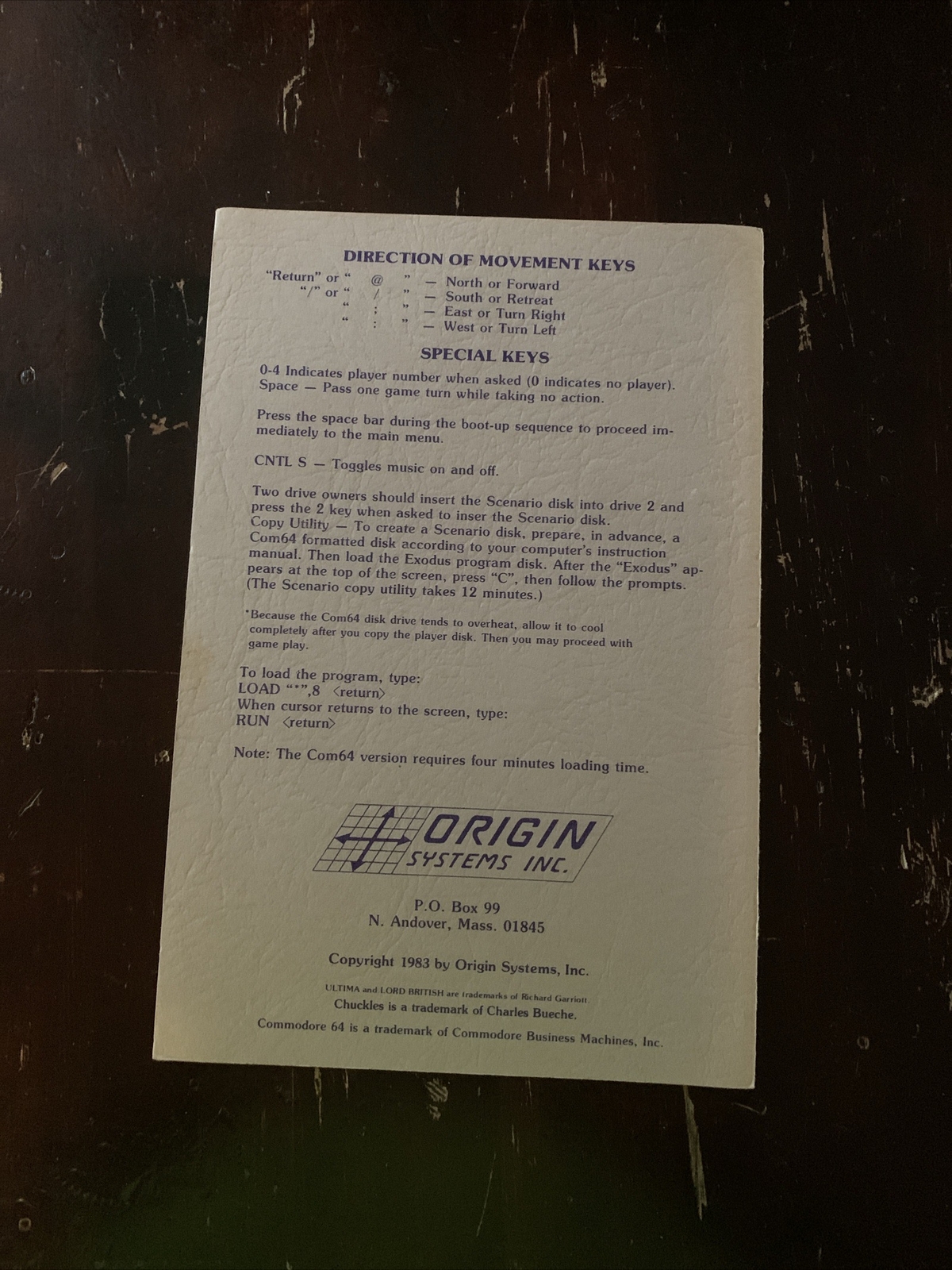 Ultima III Exodus Player Reference Card Only For Commodore 64