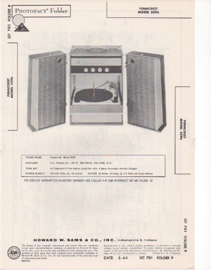 1964 PENNCREST 5596 PHONOGRAPH AMPLIFIER SERVICE MANUAL PHOTOFACT SCHEMATIC