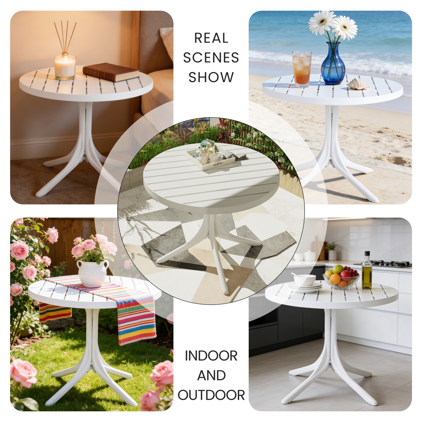 White Round Polypropylene Dining Table 36" Indoor/Outdoor 220 lbs Capacity