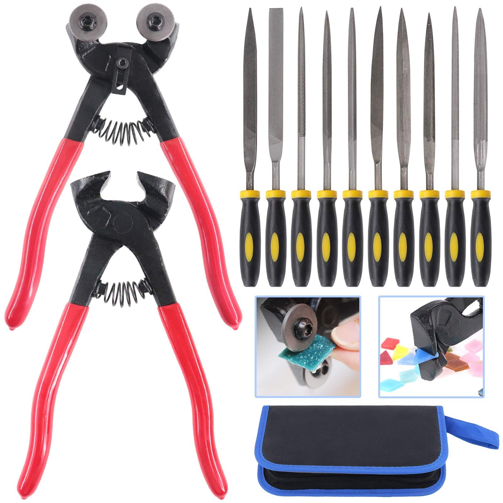 12 Pc Mosaic Tool Set Wheeled Glass Nipper Tile Cutter Pliers 10 Needle Files