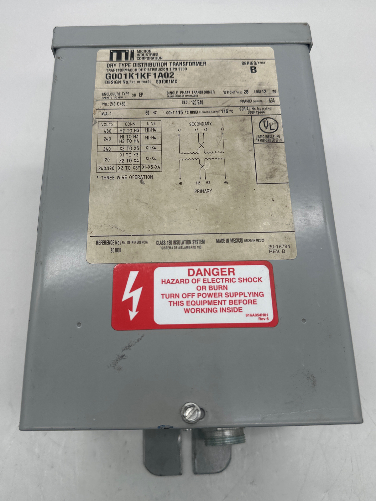 Micron Industries G001K1KF1A02 Single Phase Transformer 1kVA