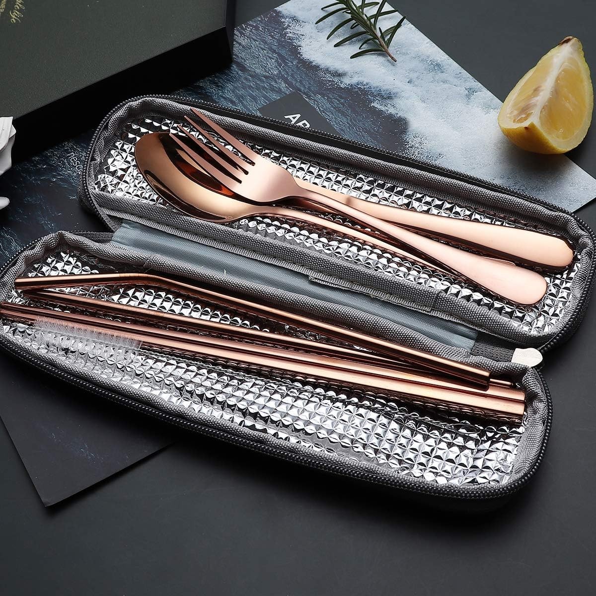 Lightweight 8-Piece Stainless Steel Cutlery Set for Camping & Travel - Rose Gold