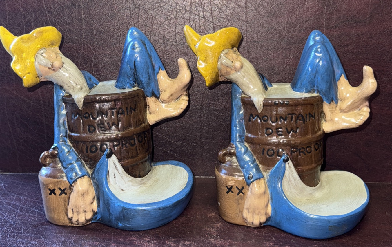 Pair Of Vintage Hillbilly Sleeping In Mountain Dew 100 Proof Barrel Nice Colors