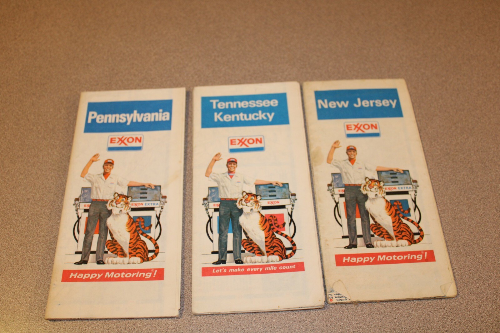 3 Vintage EXXON Pennsylvania New Jersey & Tennessee Kentucky Road Maps Tiger Tip
