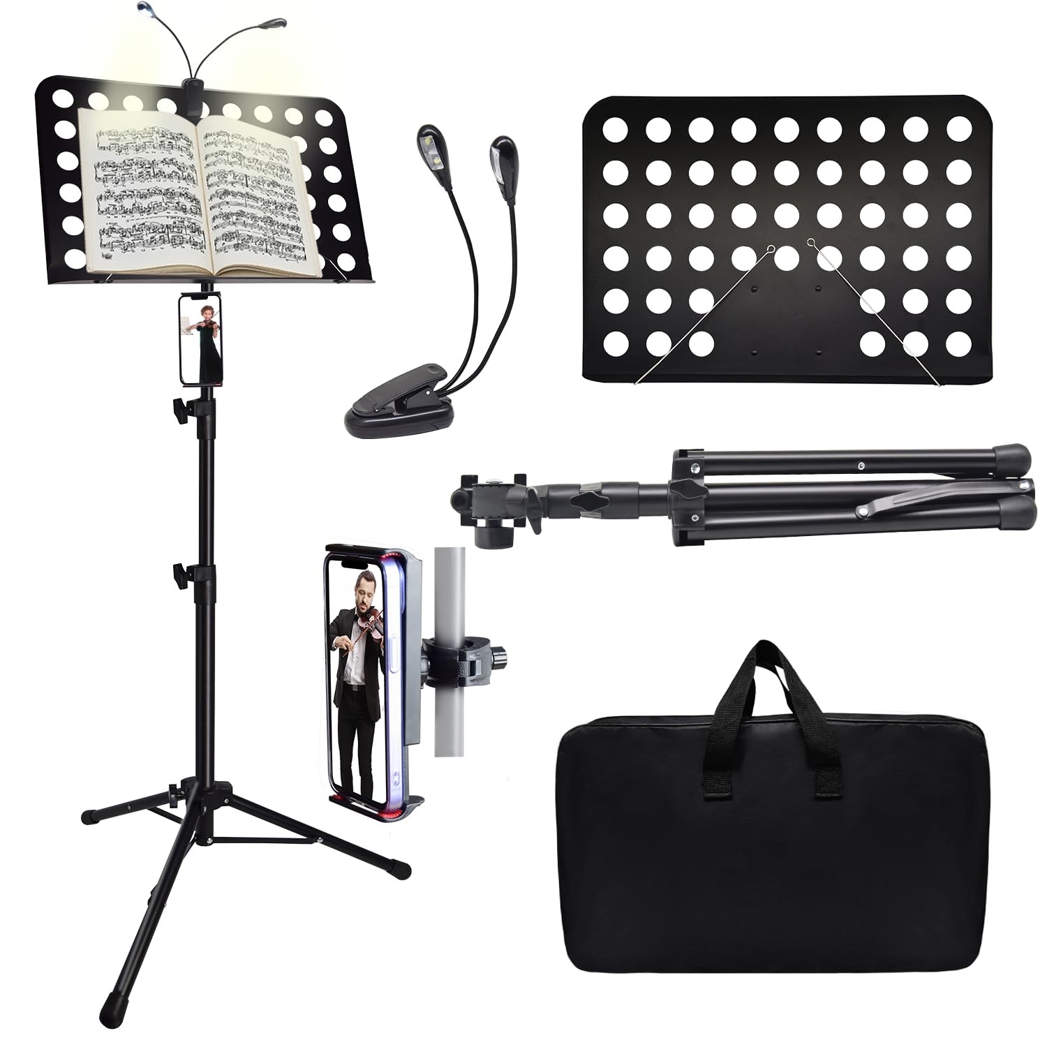 Sheet Music Stand with Light & Phone Holder, 57 Music Stand for Sheet Music High