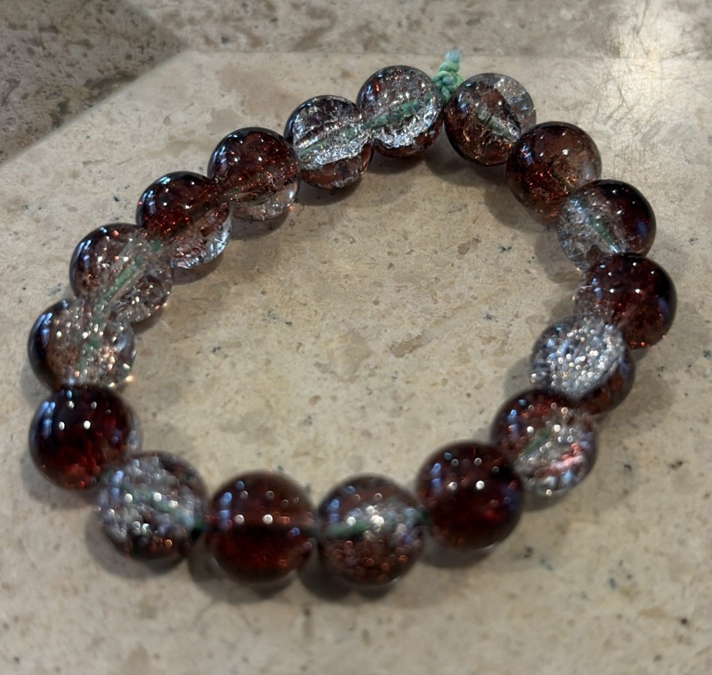 Brown/Clear Crackle Glass Beads Stretch Bracelet 8” Round Handmade