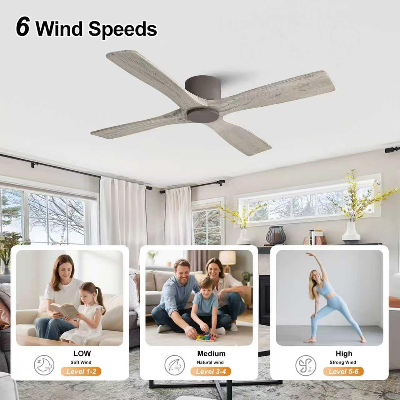 54" Ceiling Fan without Lights -Modern Low Profile Flush Mount Ceiling Fan, 6-Sp
