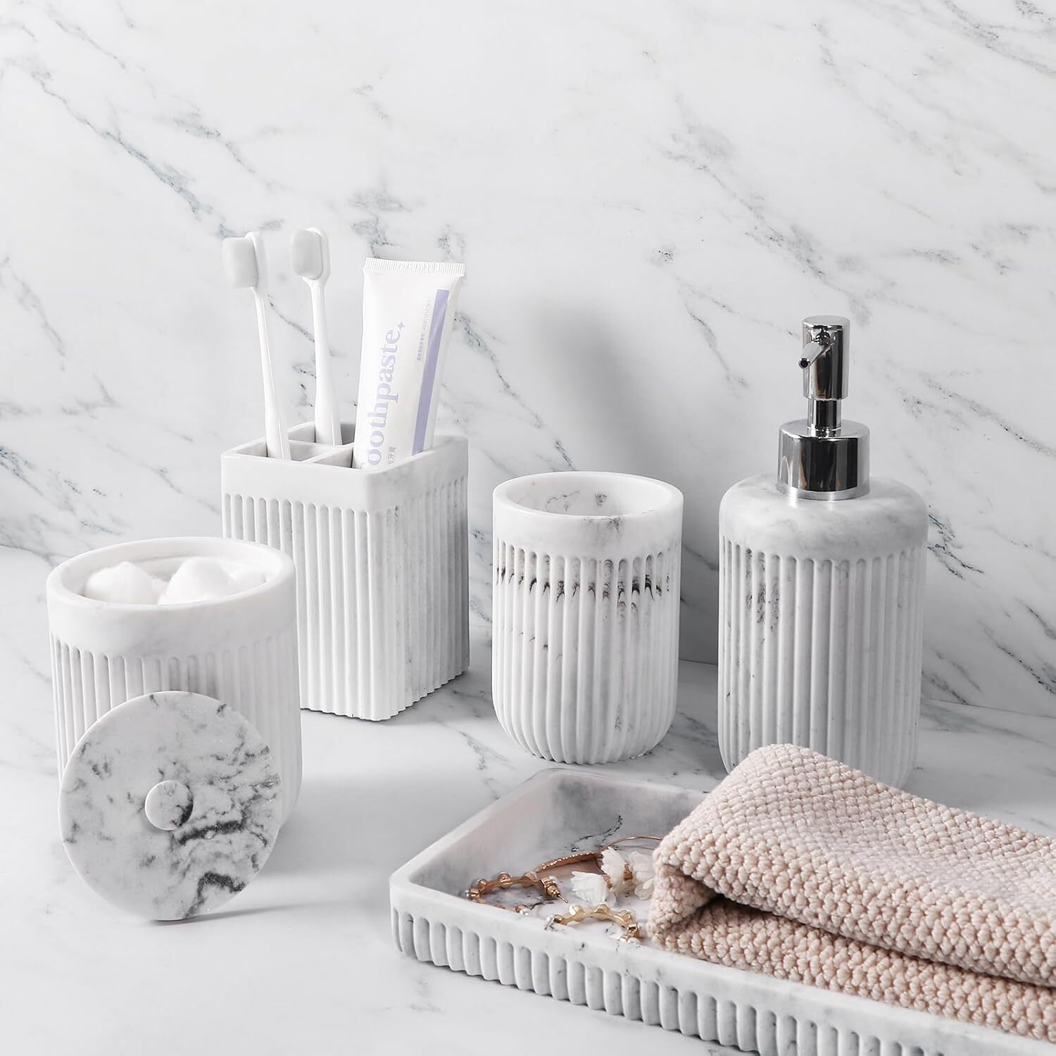 Resin White Marble Bathroom Accessories Set 5 Pcs, Lotion Soap
