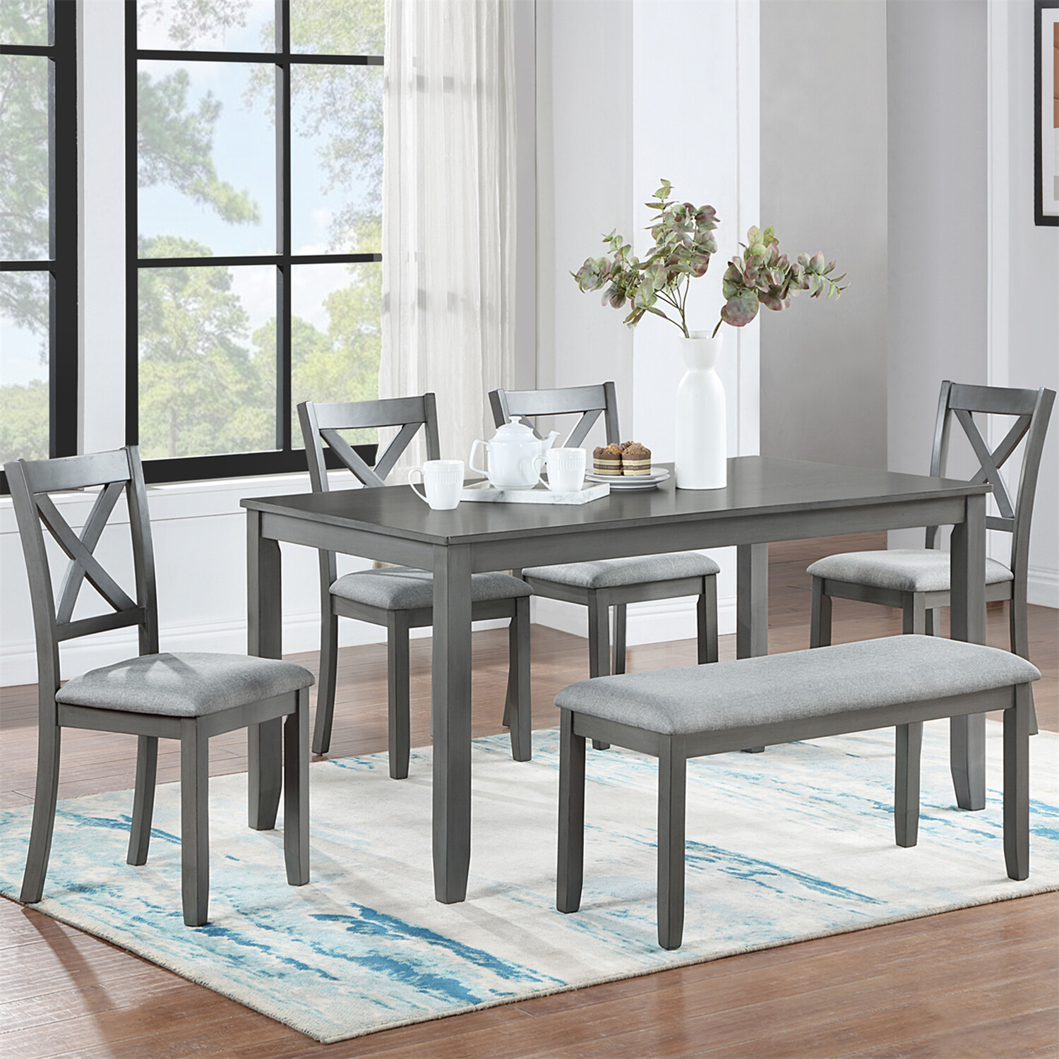 6 Piece Dining Table Set Kitchen Table Wooden Dining Table w/ Bench and 4 Chair
