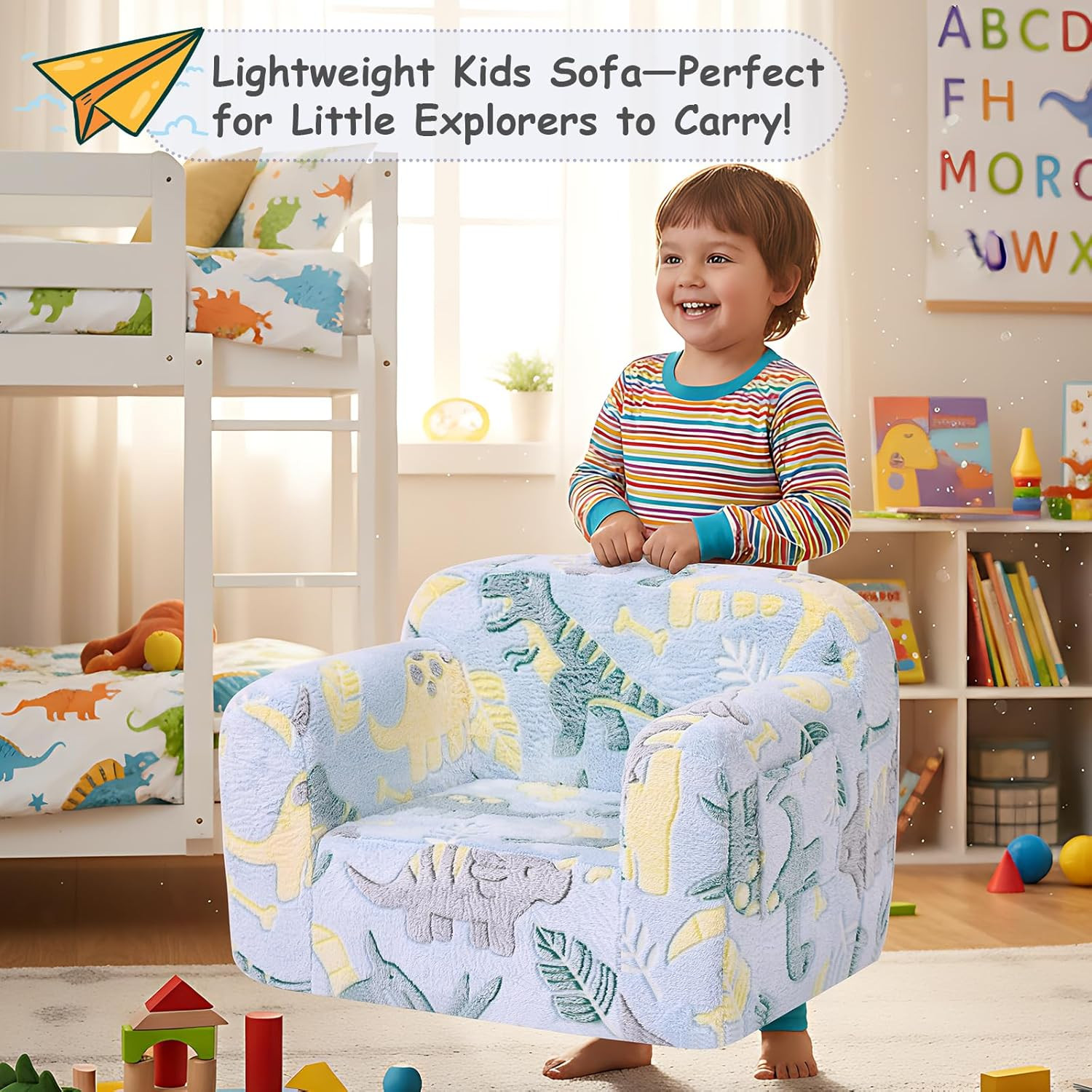 Glow in the Dark Kids Sofa, Portable Toddler Couch with Dinosaur Design