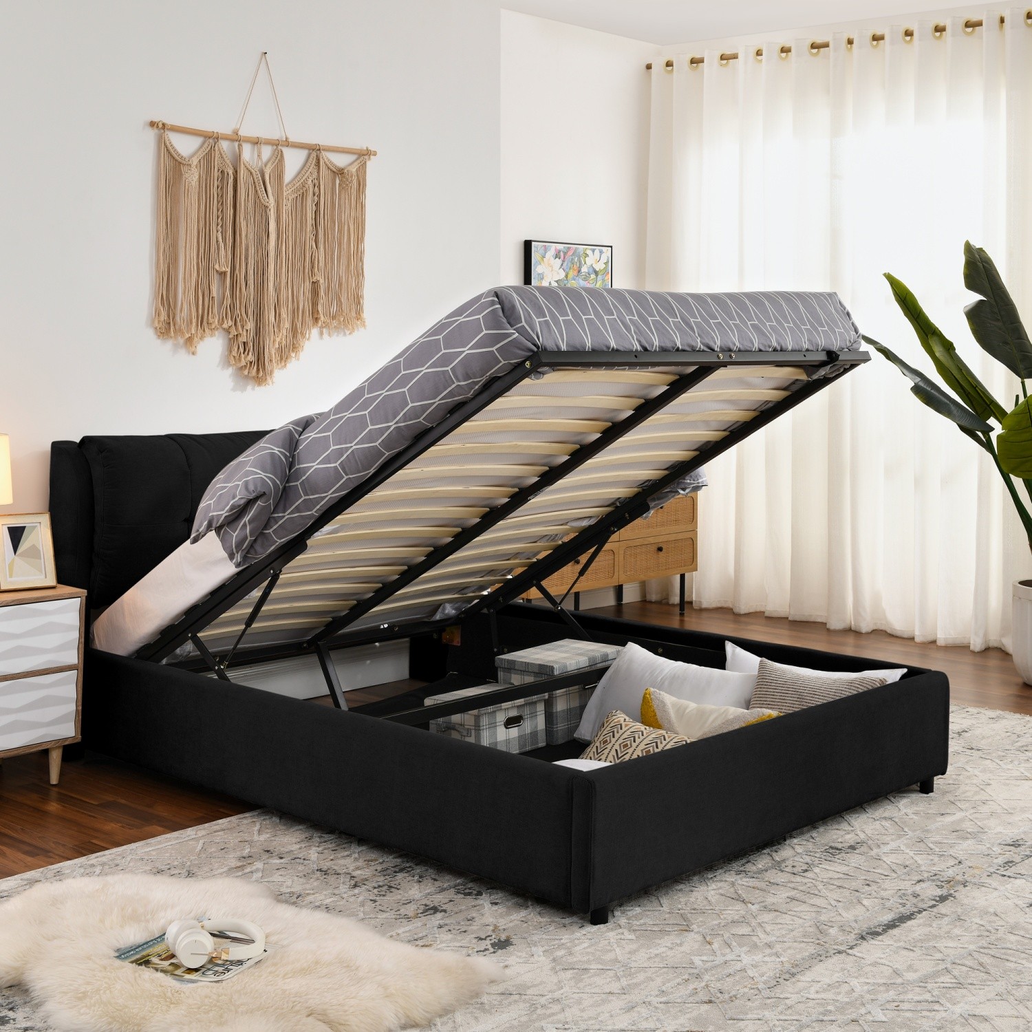Queen/King Size Upholstered Platform Bed Frame w/ Hydraulic Storage System