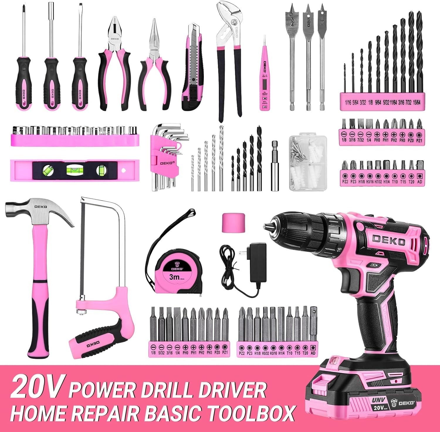 Pink Power Drill Tool Kit Set: 20V Cordless Electric Drill, Driver, Tool Box ...