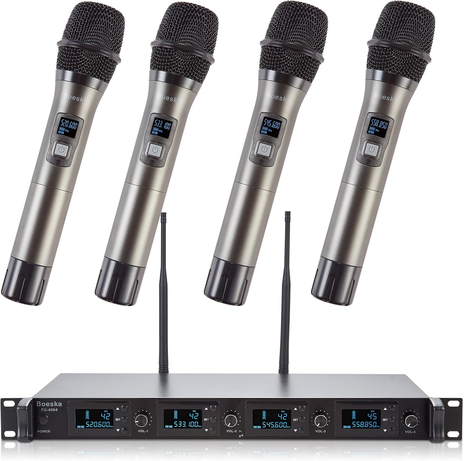 4-Channel UHF Wireless Microphone System with 4 Handheld Mics, 200Ft Range
