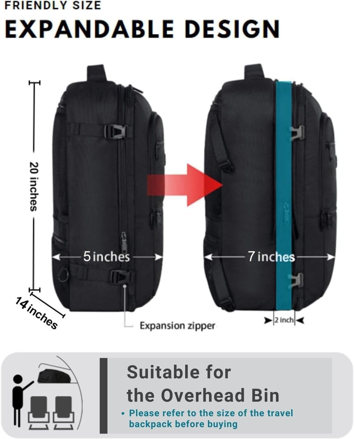 Vancropak 40L Travel Backpack Carry-On Expandable Weekender Bag Flight Approved