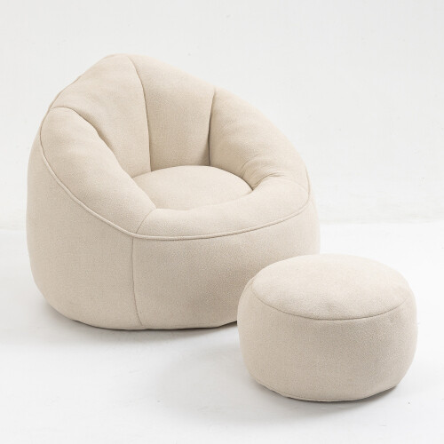 Bean Bag Sofa Chair High Pressure Foam Bean Bag Chair with Padded Footrest Beige