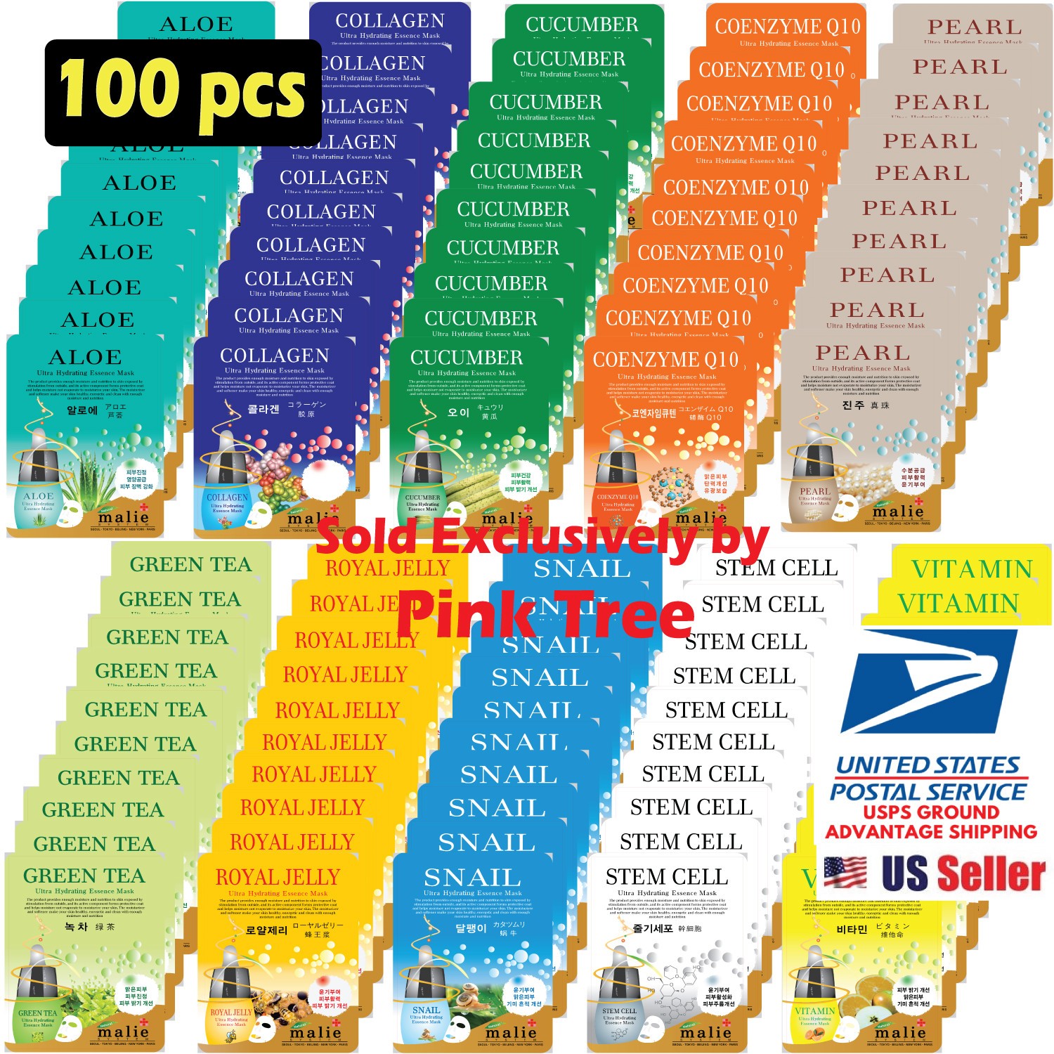 【Malie】  100 pcs Ultra Hydrating Korean Essence Sheet Masks ( 10types x 10ea )