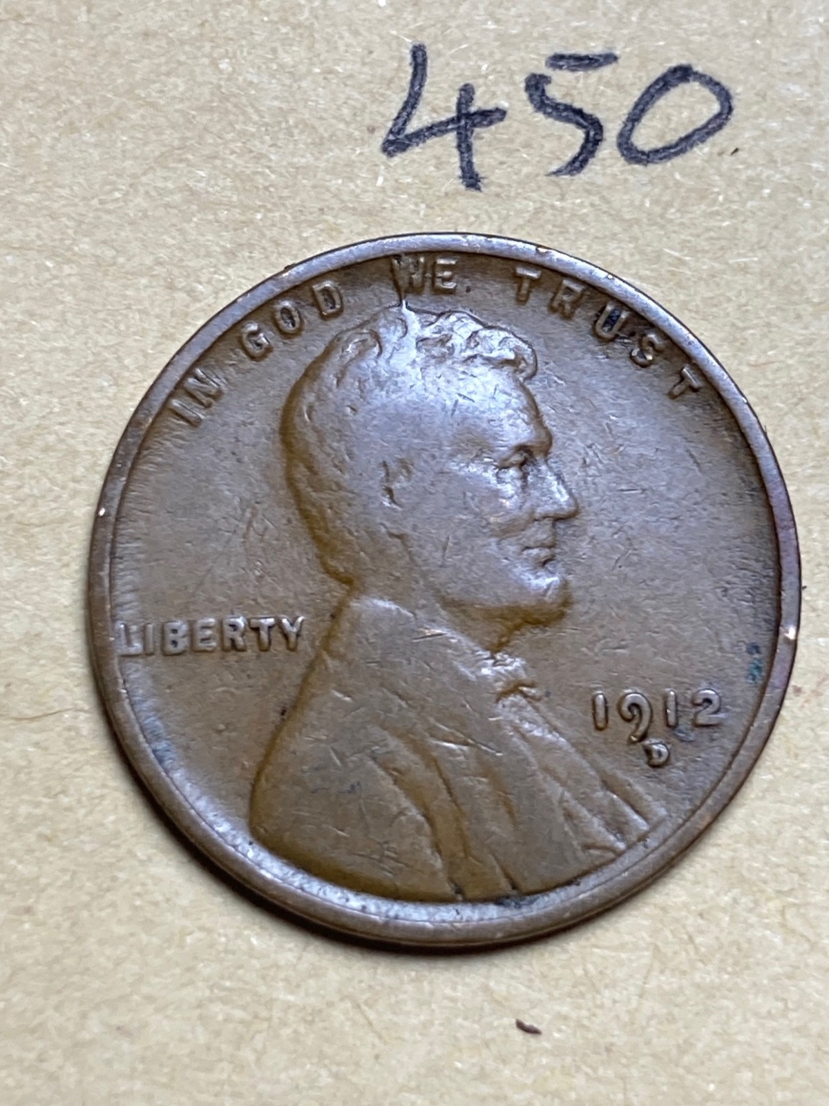 1912-D LINCOLN WHEAT CENT, low mintage date, Upper Grade condition #450