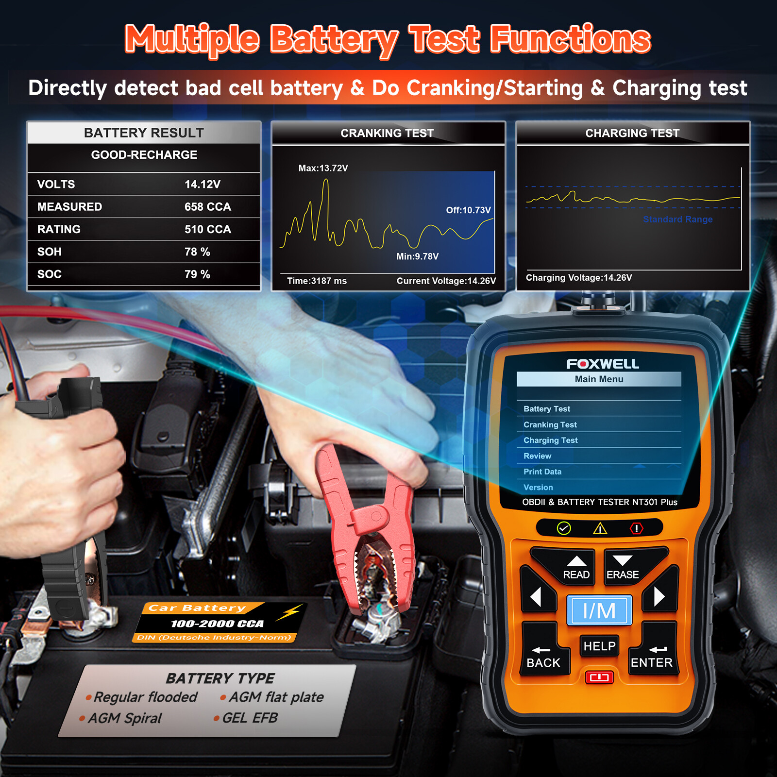 OBD2 Automotive Scanner Battery Tester Full Engine Code Reader Diagnostic Tool