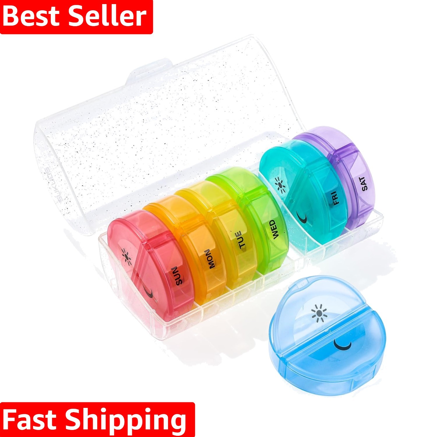 Large 7-Day Pill Organizer AM PM With Easy Open Design & Glitter Clear Case